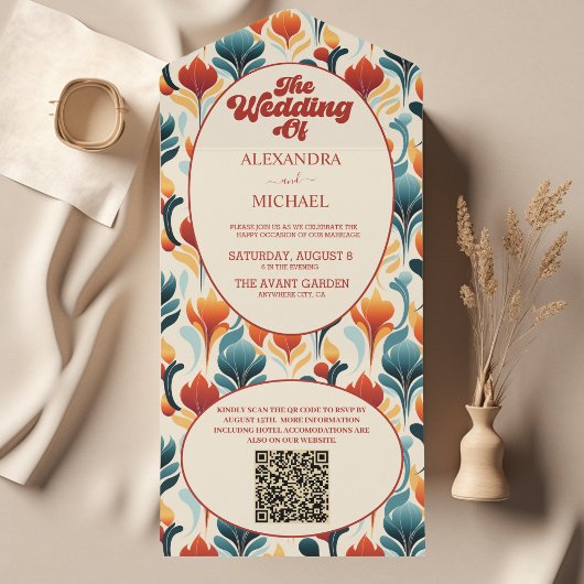 QR Code Groovy Retro 70er Floral Wedding All In One Einladung