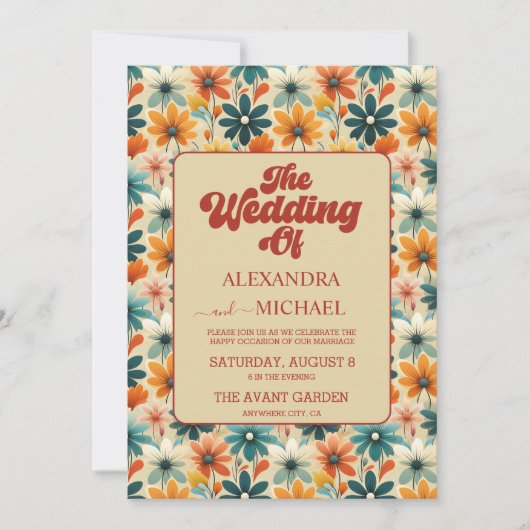 QR Code Groovy Retro 70er Floral Wedding Einladung (Vorderseite)