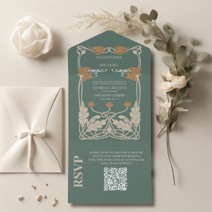 QR-Code Grüne Art Nouveau-Hochzeit All In One Einladung