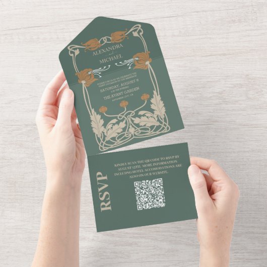 QR Code Grüne Jugendstil-Hochzeit All In One Einladung (Abreißen)