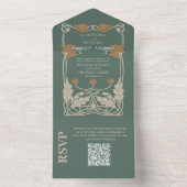 QR Code Grüne Jugendstil-Hochzeit All In One Einladung (Innen Boden)