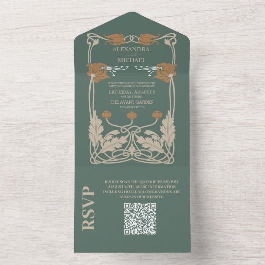 QR Code Grüne Jugendstil-Hochzeit All In One Einladung (Innen Boden)