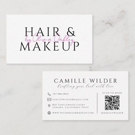 QR-Code Haar- und Make-up-Blush-Pink-Script-Name Visitenkarte (Vorne/Hinten)