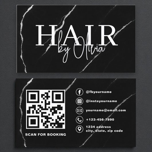QR Code Haare Stylist Silver Black Marble Visitenkarte