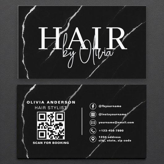 QR Code Haare Stylist Silver Black Marble Visitenkarte