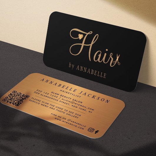 QR CODE Haarsalon schwarz Gold Metallhaarstyllisch Visitenkarte