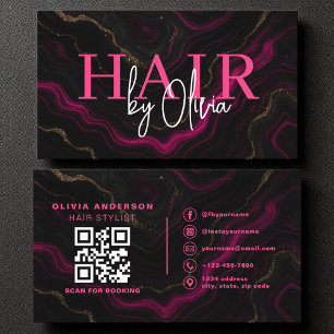 QR-Code-Haarstylle Schwarz-Hot-Pink-Marmor Visitenkarte