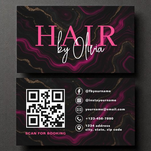 QR Code Hair Stylist Agate Hot Pink Black Visitenkarte
