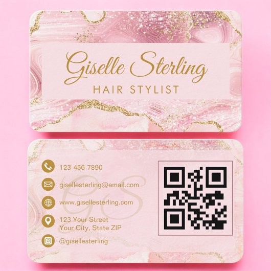 QR Code Hair Stylist Blush Pink Gold Agate  Visitenkarte