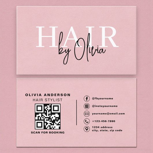 QR Code Hair Stylist Pink Suede Typography Visitenkarte