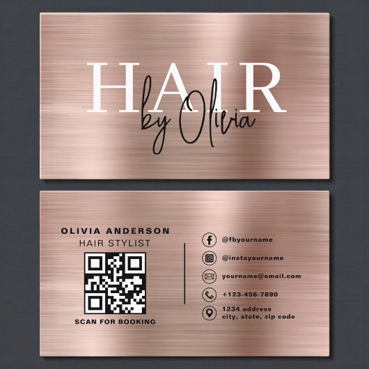 QR Code Hair Stylist Rose Gold Imitats Metallisch Visitenkarte