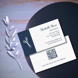QR-Code Hair Stylist Simple Scissors Navy Blue Visitenkarte