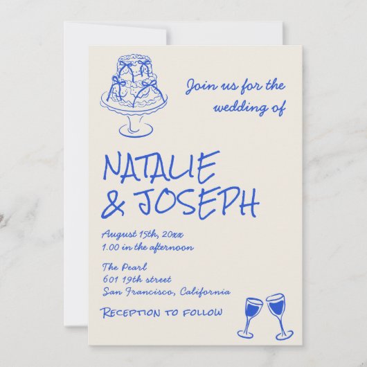QR Code Hand Drawn Blue Cake Bows Unique Wedding Einladung (Vorderseite)