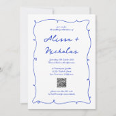 QR Code Hand Drawn Bright Blue Monogram Wedding Einladung (Vorderseite)