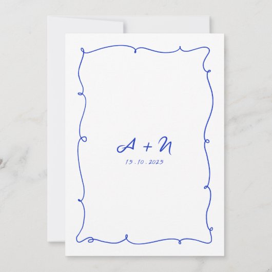 QR Code Hand Drawn Bright Blue Monogram Wedding Einladung (Rückseite)