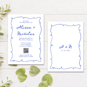QR Code Hand Drawn Bright Blue Monogram Wedding Einladung