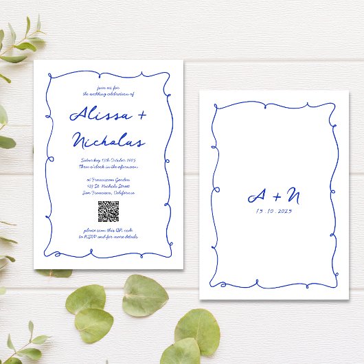 QR Code Hand Drawn Bright Blue Monogram Wedding Einladung