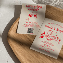 QR Code Hand Drawn Red Quirky Cake Wedding Einladung