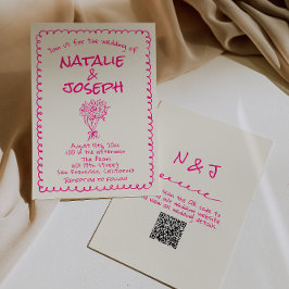 QR Code Hand Drawn Vivid Pink Retro Funky Wedding Einladung