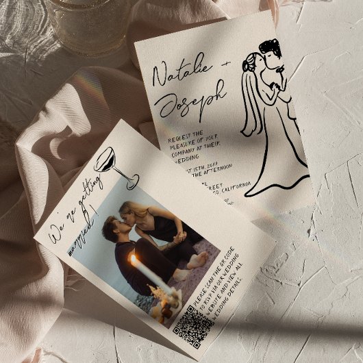 QR Code Hand Drawn Written Couple Photo Wedding Einladung