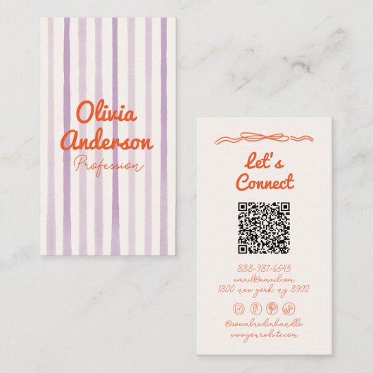 QR Code Handgeschriebener Lila Orange Whimsy Boho Visitenkarte (Vorne/Hinten)