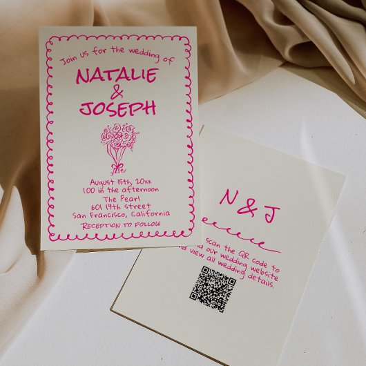 QR-Code Handgezeichnet Lebendiges Rosa Retro Funky Einladung