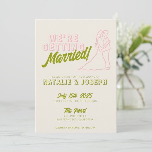 QR Code Handgezeichnetes farbiges Retro-Foto Hochz Einladung (Stehend Vorderseite)