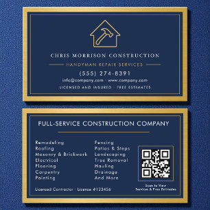QR-Code-Handwerker Navyblau Gold Metall Visitenkarte