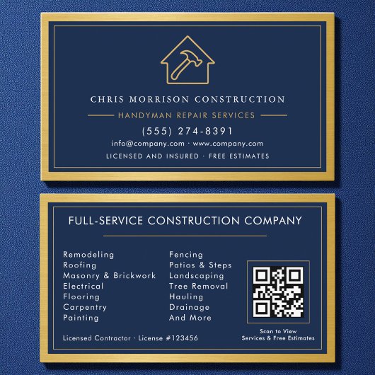 QR-Code-Handwerker Navyblau Gold Metall Visitenkarte