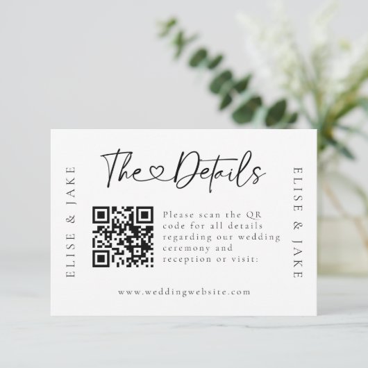 QR Code Heart Schriftart Wedding Details Card Einladung (Stehend Vorderseite)