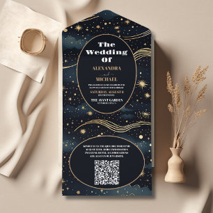 QR-Code Himmelblau Sterne Mond Hochzeit All In One Einladung
