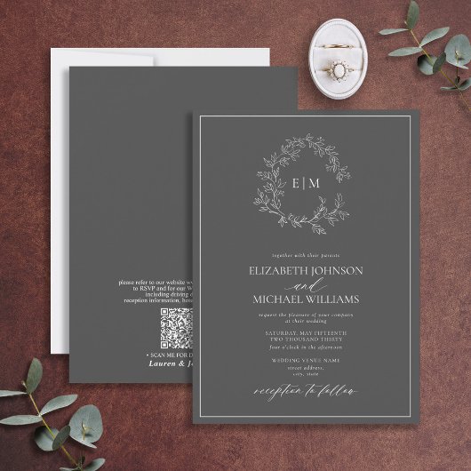 QR-Code Hochzeit des Wappen mit grauem Leafy Einladung