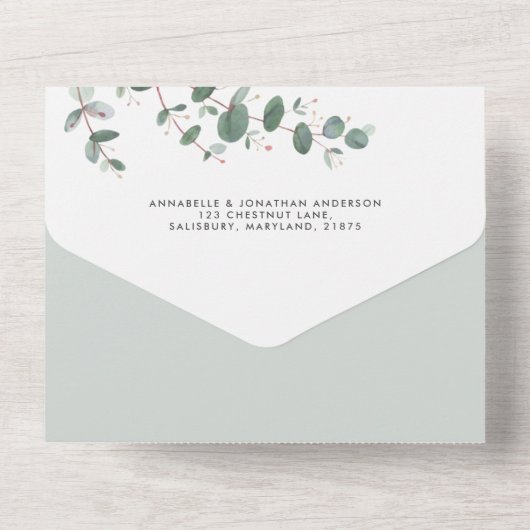 QR Code Hochzeit Eukalyptus botanisch modern All In One Einladung (Rückseite)