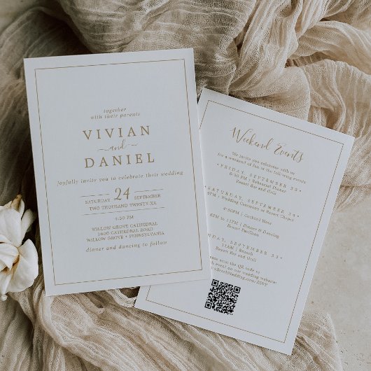 QR Code-Hochzeit für Minimalistische Gold Weekend Einladung
