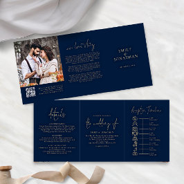 QR-Code-Hochzeit für Navy und Gold-Foto Dreifach Gefaltete Einladung