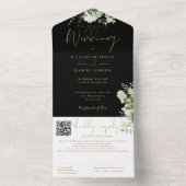 QR-Code-Hochzeit für Schwarz und Gold Greenery All In One Einladung (Innen Boden)