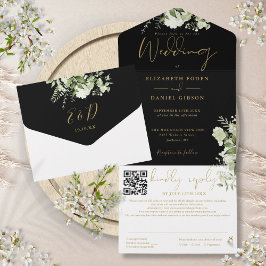 QR-Code-Hochzeit für Schwarz und Gold Greenery All In One Einladung