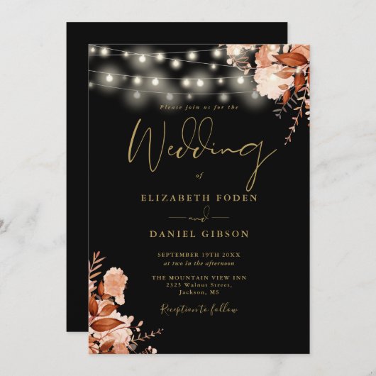 QR Code-Hochzeit im Herbst für schwarze und golden Einladung (Vorne/Hinten)