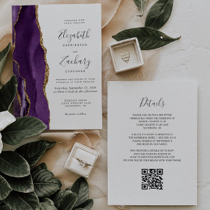 QR-Code Hochzeit in Lila und Gold Achat Einladung