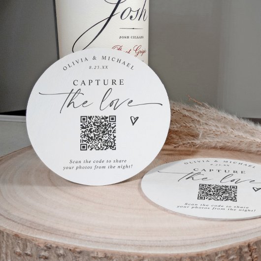 QR-Code-Hochzeit Moderne Elegante Foto-Sharing Runder Pappuntersetzer