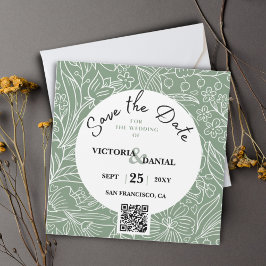 QR-Code Hochzeit moderner grüner Blumenkalligrafie Magnetkarte