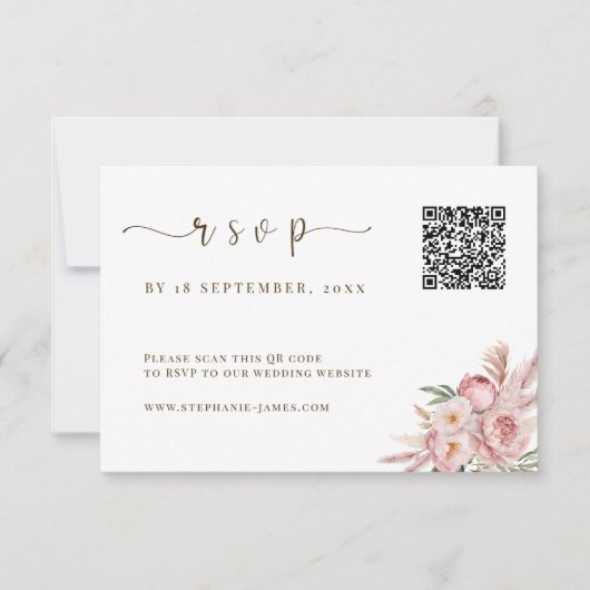 QR Code Hochzeit RSVP Karte mit rosa Florals (Vorderseite)