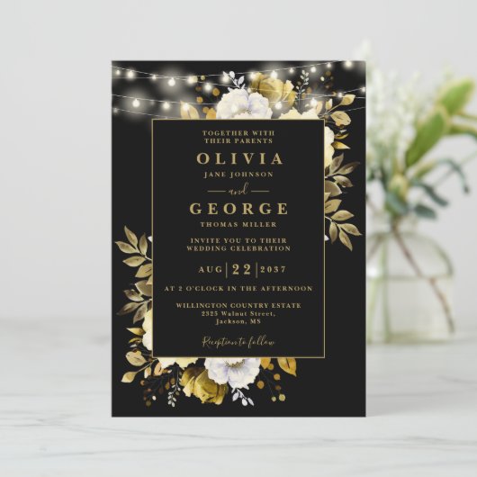 QR-Code-Hochzeit von Black Gold Floral String Ligh Einladung (Stehend Vorderseite)