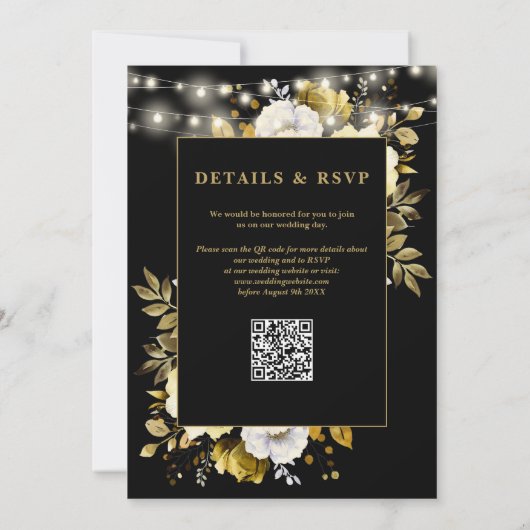 QR-Code-Hochzeit von Black Gold Floral String Ligh Einladung (Rückseite)