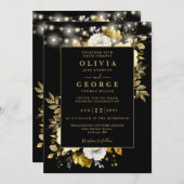 QR-Code-Hochzeit von Black Gold Floral String Ligh Einladung (Vorne/Hinten)