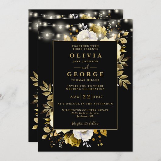 QR-Code-Hochzeit von Black Gold Floral String Ligh Einladung (Vorne/Hinten)