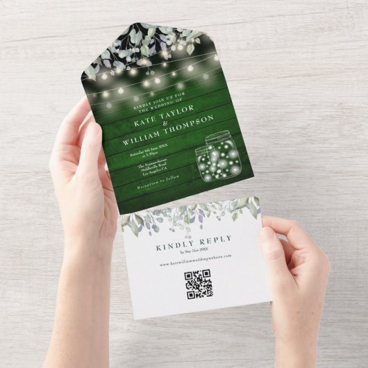 QR-Code-Hochzeit von grünen Holzflorenleuchten All In One Einladung (Abreißen)