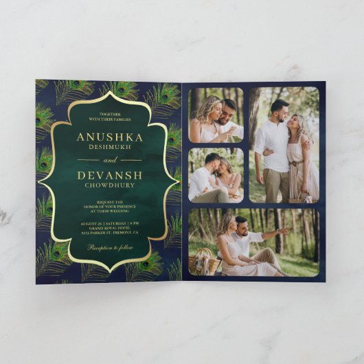 QR-Code-Hochzeit von Navy Blue Green Peacock Feath Einladung (Innenseite)