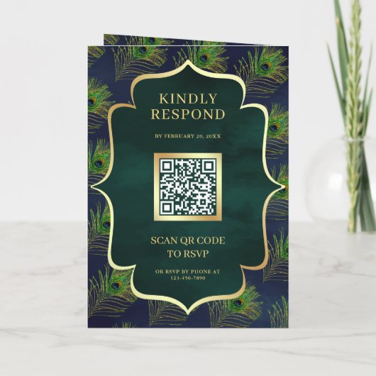 QR-Code-Hochzeit von Navy Blue Green Peacock Feath Einladung (Rückseite)
