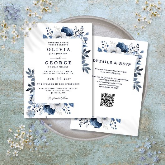 QR-Code Hochzeit von Navy Blue und White Elegant F Einladung